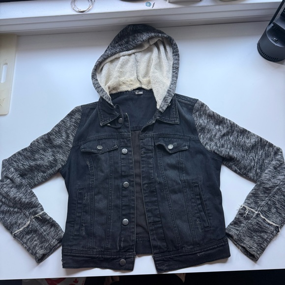 Free People Denim Jacket with Gray Sleeves and Hood - Picture 3 of 7